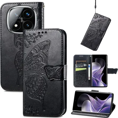 Produktbild von Für Xiaomi Redmi Note 14 Pro Plus 5G Kunstleder Wallet Handy Tasche Schmetterling Design Hülle Etuis Schwarz