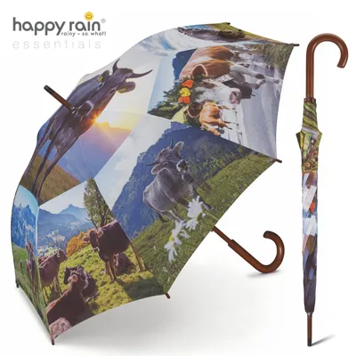 Produktbild von happy rain Regenschirm Stockschirm mit Holzstock und Holzgriff Alpen-Kuh