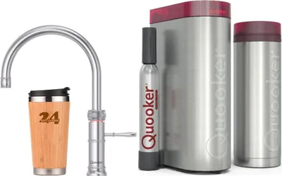 Produktbild von QUOOKER CLASSIC FUSION ROUND Festauslauf Edelstahl VAQ PRO3 mit CUBE 2 (3CFRRVSCUBE) 100°C Kochendwasserhahn mit Trinkwassersystem Inkl. Thermobecher