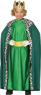 A child wearing a king costume, including a green robe, a gold sash, a leopard-print lined cape, and a crown.