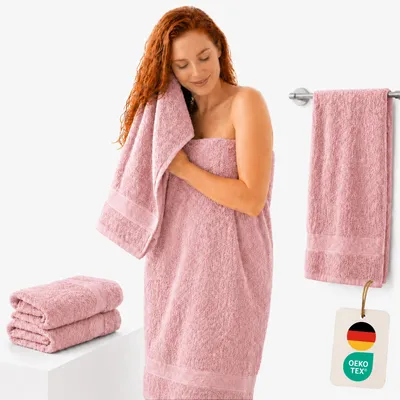 Produktbild von Komfortec 2er Set Duschtücher, 70x140cm Größe, Doppelpack, %100 Baumwolle, Handtücher, Frottee, Weich, Saugstark, Rosa