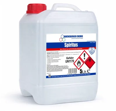 Produktbild von Ravensberger Chemie Spiritus 5 L Kanister – Alkohol zum Reinigen, Entfetten & als Brennstoff für Campingkocher, Fondue, Haushalt & Werkstatt