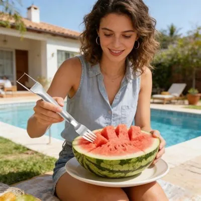 Produktbild von 2 Stück Wassermelonenschneider, 2-in-1-Melonenschneider mit Wassermelonengabel, Obstschneider aus Edelstahl, Gabelschneider für Wassermelonen als Küchenhelfer