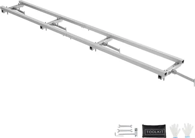 A long, silver aluminum milling guide system is shown against a white background. Below the guide system are some tools and gloves.