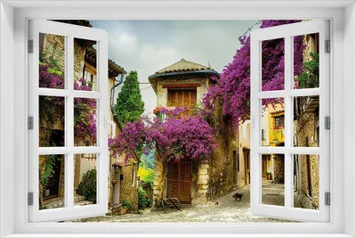 Produktbild von Wallario selbstklebendes Poster mit Fenster-Illusion - Malerische Stadt in der Provence mit bunten Blumen, Größe: 61 x 91,50 cm