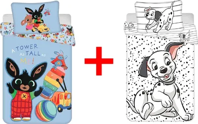 Produktbild von Kinderbettwäsche Bing Bunny und 101 Dalmatiner 100 x 135 Bettdecke + 40 x 60 cm Kopfkissen, 100% Baumwolle für Babys, Kinder, 2er Geschenk-Set