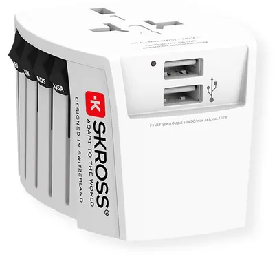 Imagen del producto de SKROSS 61664 Adaptador universal MUV USB, blanco: Adaptador de viaje universal compacto de 2 polos con 2 puertos USB-A integrados