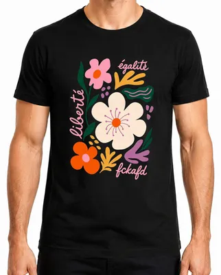 Zdjęcie produktu dla T-shirt męski, czarny, rozmiar M. Nadruk: "Liberté Égalité Fckafd Blumen Freiheit" (sarkastyczny motyw kwiatowy)