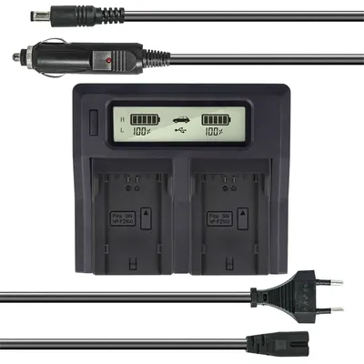 Produktbild von Dual Akku-Ladegerät kompatibel mit Sony NP-FZ100 - mit USB-Anschluss, LCD-Display und Kfz-Ladekabel - Schnellladegerät
