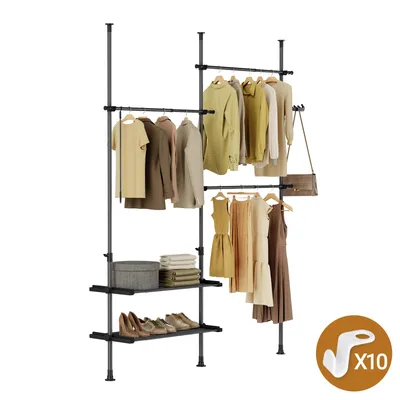 A freestanding, multi-tiered clothing rack with various garments and accessories displayed on it.