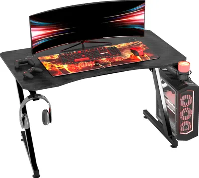 Produktbild von HOMCOM Gaming-Tisch, 120 x 65 x 74,5 cm, ergonomischer Gaming-Schreibtisch für PC, Computer, mit Getränkehalter, Kopfhörerhaken und verstellbaren Füßen, schwarzer Carbonfaser-Effekt