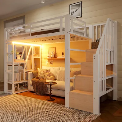 Produktbild von Flieks Etagenbett 90x200cm mit Regal, Hochbett mit Treppe und Ablagen, Kinderbett Einzelbett mit Led und Lattenrost, Jugendbett Metallbett Weiß