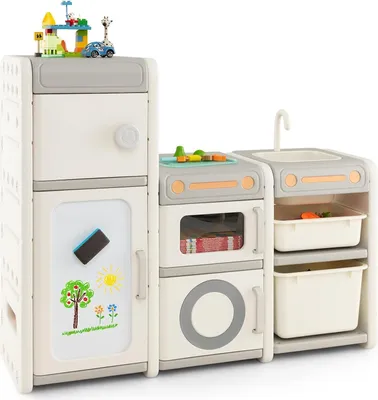Produktbild von GOPLUS Kinder Spielzeugregal, Kinderregal mit magnetischem Whiteboard & Stift & Tafellöscher, Regal für Spielzeug mit Abnehmbarer Spüle & Wasserhahn