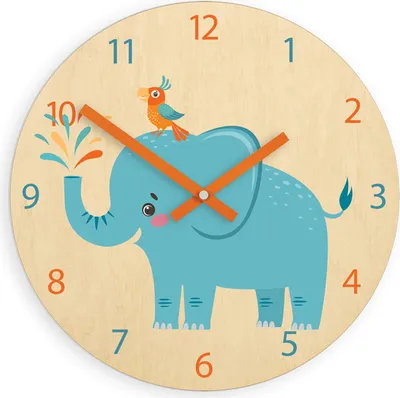 A cartoon-style wall clock featuring an elephant and a bird.