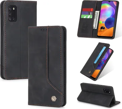 Produktbild von Galaxy A31 Hülle, LaimTop Retro Kunstledertasche Schutzhülle mit Kartenfach Standfunktion für Samsung Galaxy A31 Schwarz