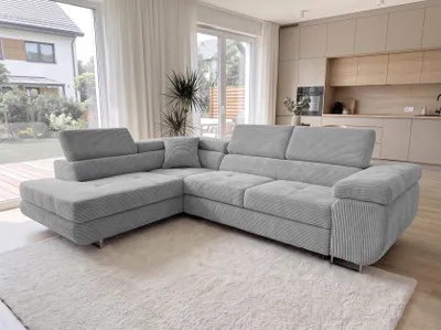 Image de AX LIVING Konak, canapé-lit convertible, couleur gris clair, largeur 276 cm – Coffre de rangement intégré et repose-têtes