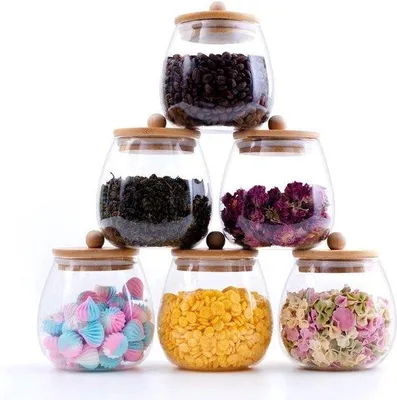Immagine prodotto di Set di contenitori in bambù per alimenti con coperchi ermetici - barattoli da cucina - caffè, farina, tè - zucchero, caramelle, biscotti, spezie - 20 oz