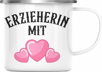 Produktbild von Trendation - Erzieherin Emaille Tasse Geschenk Abschiedsgeschenk zum Abschied Lustig Geschenke Emaille Emaille Tasse Kindergarten Erzieherin Mit Herz (Silber)