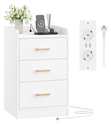 Zdjęcie produktu dla Szafka nocna z gniazdkiem - 2 gniazda AC i 2 porty USB - 3 szuflady - Biały