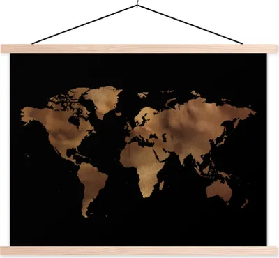Produktbild von MuchoWow® Textilposter Weltkarte - Braun - Schwarz 150x113 cm mit holzfarbenen Rahmen - Poster