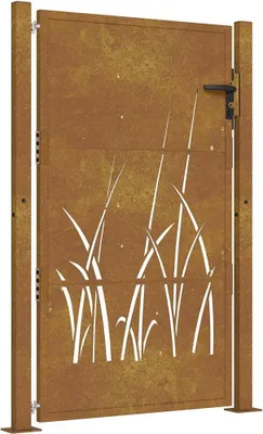 A single garden gate with a grass design cut into it, shown against a white background.