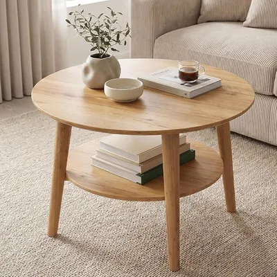 Imagen del producto de Mesa de centro Mjölnir, redonda, diámetro 70 cm, madera maciza de roble, acabada con aceite natural, con 2 estantes