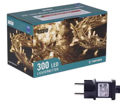 Lichtsnoer 30 m, 300 LEDs, warmweiß, grünes Kabel, 8 Effekte