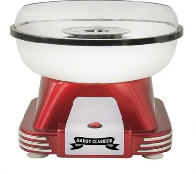 A red and white retro-style cotton candy machine.