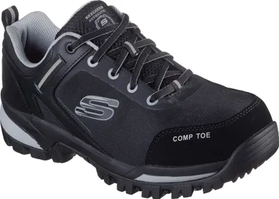 A black Skechers shoe with gray accents, shown from a side-angle on a white background.