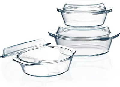 Image de Lot de plats à gratin ronds en verre, de 0,65 l, 1 l et 1,4 l, avec couvercles et poignées.