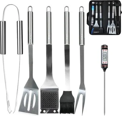 Immagine prodotto di Set di accessori per barbecue, acciaio inossidabile di alta qualità, 6 pezzi, con borsa per il trasporto e termometro inclusi, ideale per picnic, campeggio e grigliate al chiuso.