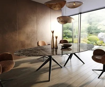 Produktbild von DELIFE Esstisch Edge Oval 315x150 cm Keramik Emperador Extra Lucidato Dunkelbraun Estelar rund Metall Schwarz