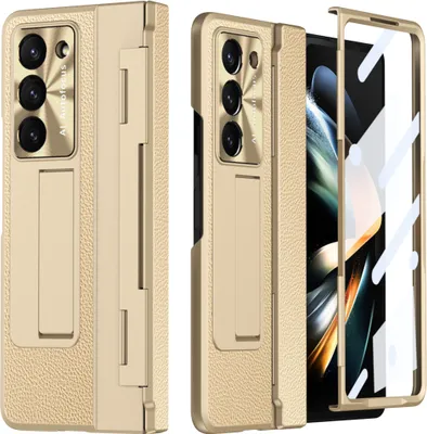 Produktbild von Hülle für Samsung Galaxy Z Fold 5 mit Displayschutz & Objektivschutz Litschi Ständer Schutzhülle Gold