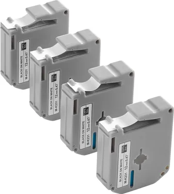Immagine prodotto di Nastro per etichettatura VEVOR, confezione da 4, larghezza nastro 12 mm, nero su bianco, compatibile con varie etichettatrici Brother, PT-M95, PT-90, PT-70BM, PT-85, PT-80, ricambio per M-K231