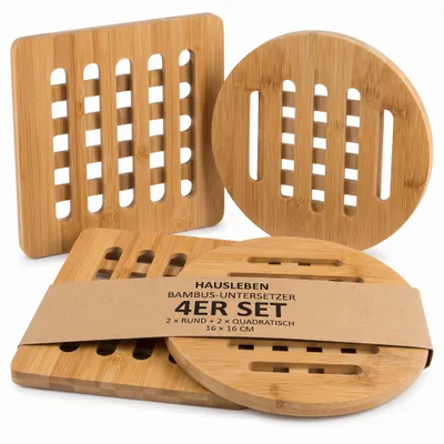 Produktbild von 4er Set Bambus-Untersetzer 16x16 cm – Hochwertig, Stilvoll & Nachhaltig - 2 x Eckige und 2 x runde Untersetzer – leicht abwaschbar, ideal für Küche, Töpfe, kleine Pfannen und Teekannen., KI-generiertes Bild