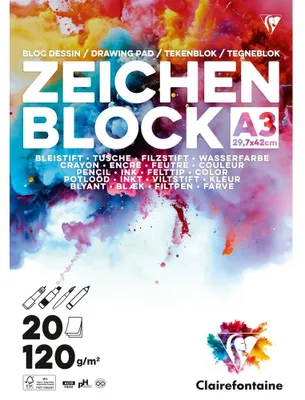 Produktbild von Clairefontaine Zeichenblock A3, 120g, 20 Blatt, mit Mikroperforation, fast glatte Oberfläche