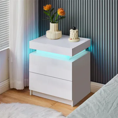 Image de Table de nuit CLIPOP avec LED RGB, 2 tiroirs, table d'appoint en bois pour chambre à coucher, blanc