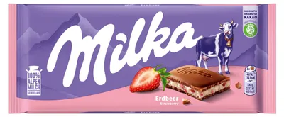 Produktbild von Milka Tafelschokolade Erdbeer 100g, Milchschokolade, 100 g, Erdbeere, 2337 kJ, 560 kcal, 35 g
