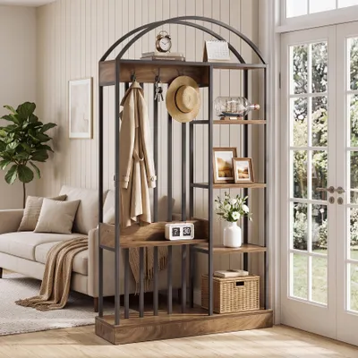 Immagine prodotto di Divisorio ambiente, scaffalatura 180 cm, divisorio ambiente autoportante in legno e metallo con ripiani e ganci per appendere, ideale per soggiorno o camera da letto, colore marrone
