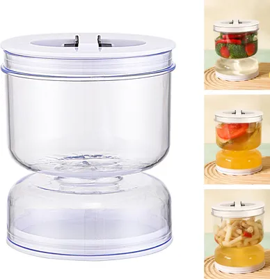 A clear product shot of a clear plastic food storage container with a white lid, shown on a white background. To the right are smaller inset images showing the container filled with different foods and liquids.