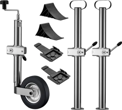 Produktbild von Wiltec Anhänger Set 10-teilig, Stützrad bis 362 kg Traglast mit Klemmhaltern, Stützen & Unterlegkeilen