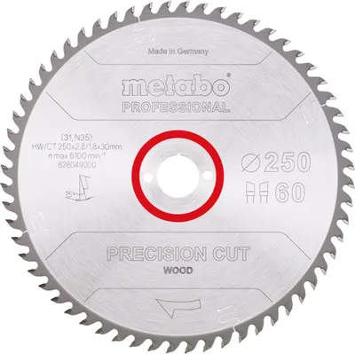 Produktbild von Metabo Sägeblatt precision cut wood - professional 250x2,8/1,8x30, Z60, Spanwinkel 15°, Wechselzahn