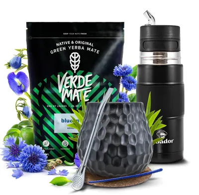 Produktbild von Verde Mate - Mate Tee Set Blue Moon 500g - Yerba Mate Dicke Blätter 5mm - Yerbomos X Thermoskanne Schwarz 450ml - Mate Becher 400ml, Bombilla - Mild
