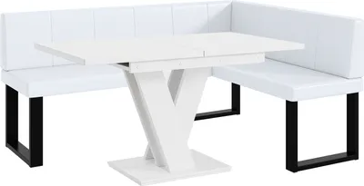 Produktbild von MEBLINI Eckbank für Esszimmer mit ausziehbarem Tisch  - Küchenbank - Essecke - Sitzecke Küche - PETER - U-Beine 128x168x87cm Rechts - Weiß Kunstleder/M Weiß Matt