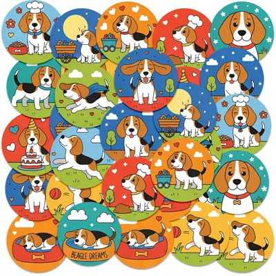 Produktbild von Sticker Aufkleber Heft 23 St. RUND - Tier Hund Hündchen Rasse Hunde Beagle