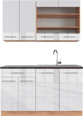 Image de Cuisine Vicco Fame-Line Blanc brillant/Chêne doré 140cm , PT Anthracite, Model 42243