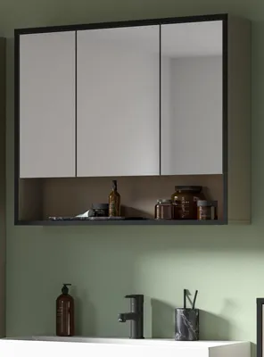 Produktbild von Bad Spiegelschrank "Scana" Sand und schwarz Badschrank 3-türig 80 cm, Soft-Close