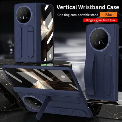 A collage of a blue phone case with a wristband and stand, shown from different angles.