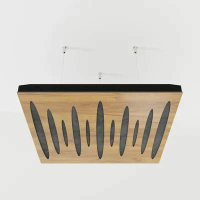 Obrázok produktu pre 2-balenie – Zavesený akustický stropný panel s velúrovým poťahom a montážnou sadou | 50 x 50 x 5 cm | Absorpcia a difúzia zvuku | [PULSAR – dub | sivá]
