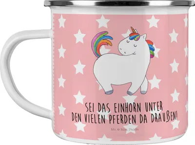 Produktbild von Mr. & Mrs. Panda Emaille Tasse Einhorn Stolzieren - Rot Pastell - Geschenk, Pferd, Freundin, Kaffeepott, Einhörner, Becher, Stolz, Pott, Teetasse, Unicorn, Emailletasse